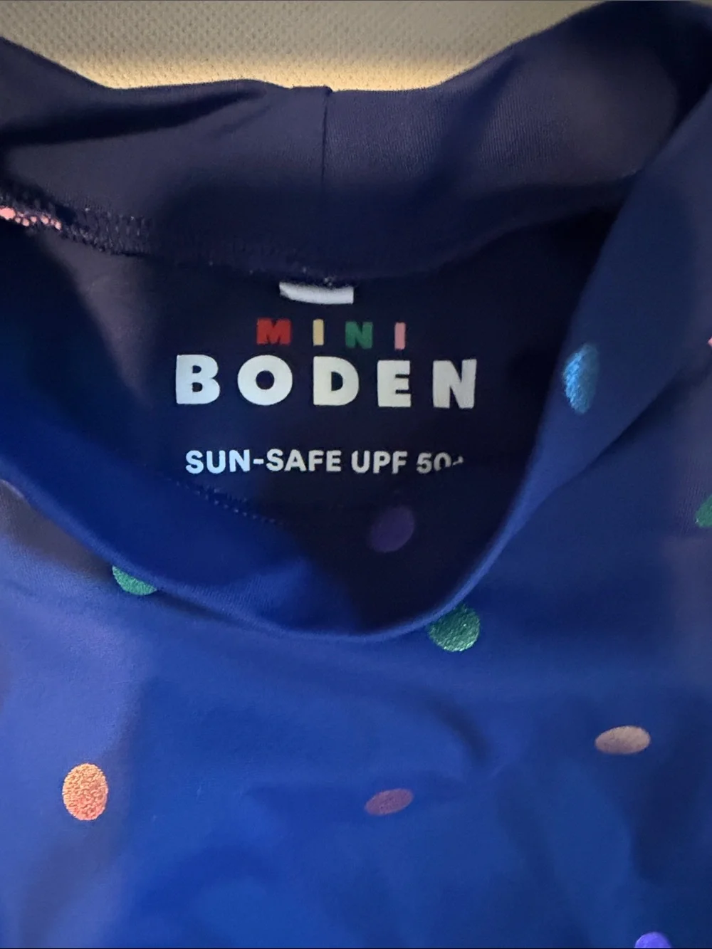 Mini Boden Sunsafe Navy Long-Sleeve Rash Guard with Metallic Polka Dots Size 5/6